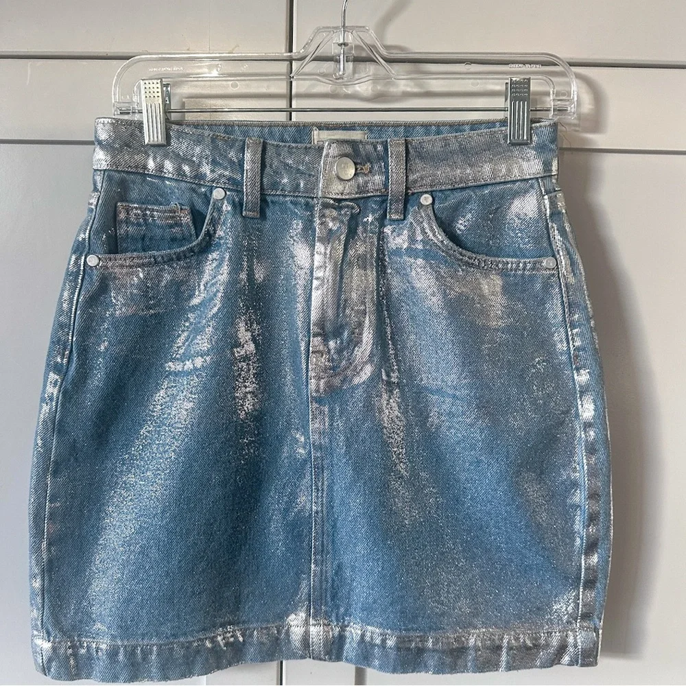 Pilcro by Anthropologie Metallic Coated Denim Mini Skirt Silver Blue - 2